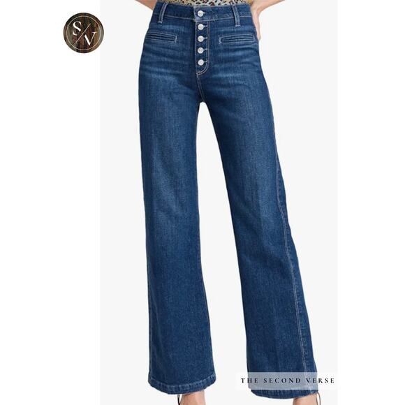 PAIGE Denim - Paige  Leenah Womens 33 Waist High Rise Wide Leg Jeans Exposed Button Front